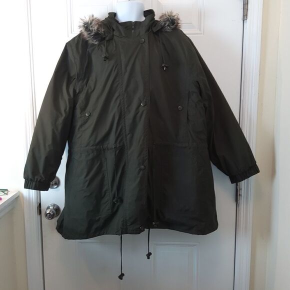 🌐 Woman Within dark Olive green anorak jacket with removable lining and hood - Picture 1 of 16